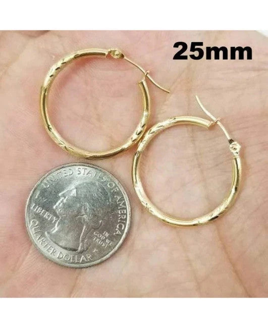 14K Solid Gold Diamond Cut Hoop Earrings Real Gold Textured Hoops Women