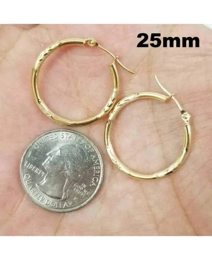 14K Solid Gold Diamond Cut Hoop Earrings Real Gold Textured Hoops Women