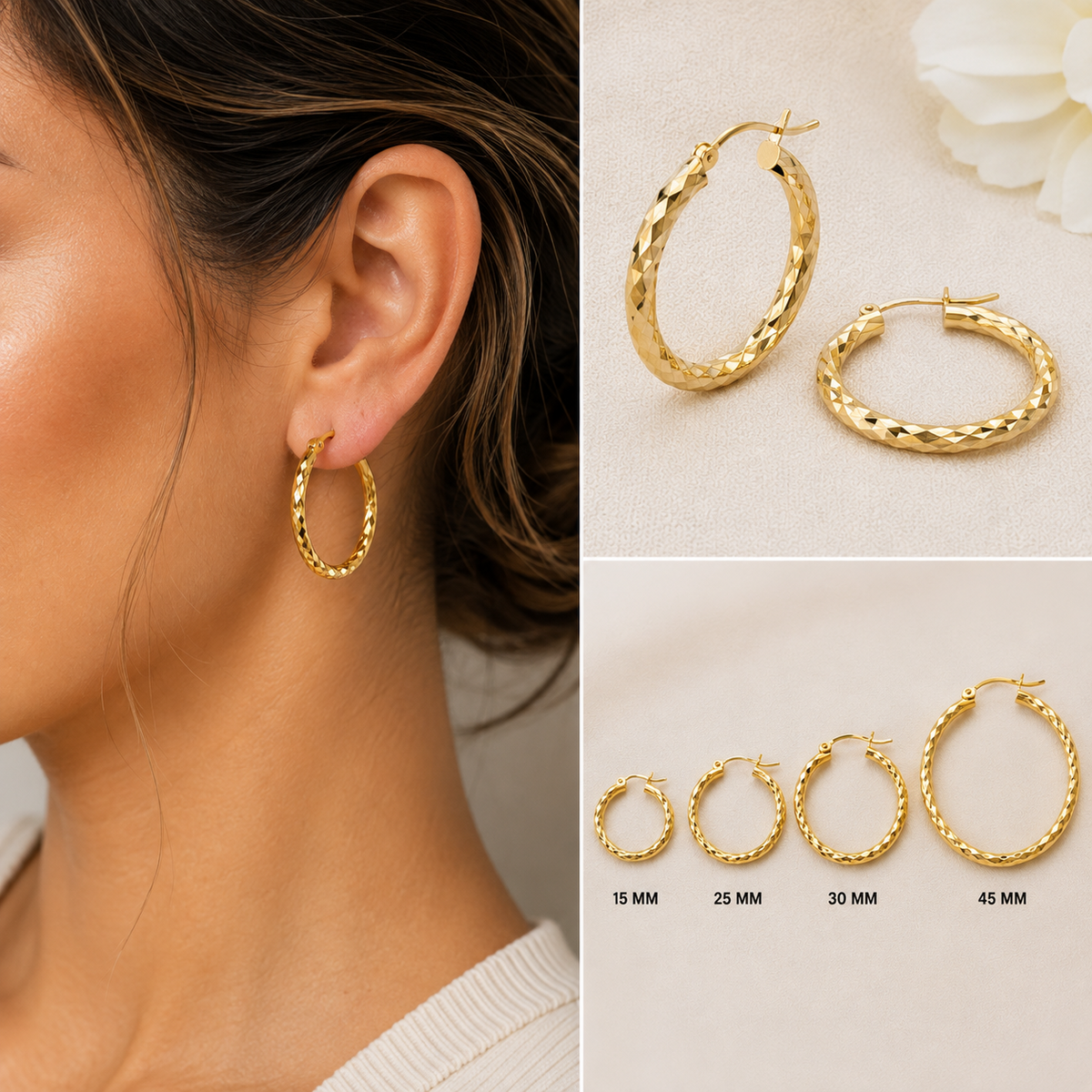 14K Solid Gold Diamond Cut Hoop Earrings Real Gold Textured Hoops Women