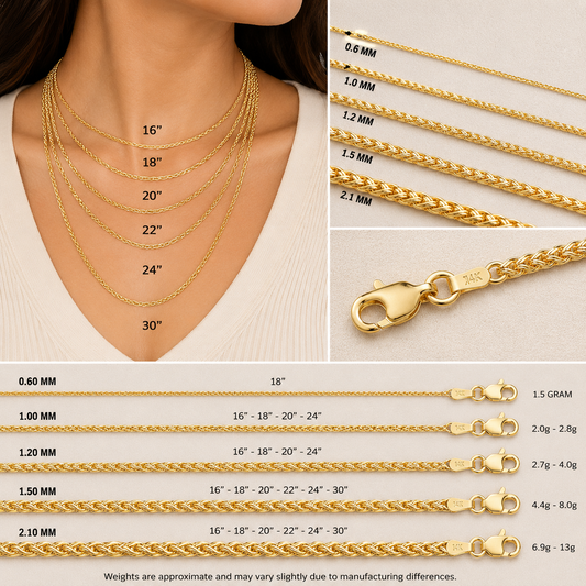 14K Solid Yellow Gold Wheat Chain Necklace Real Gold Pendant Chain Women Men