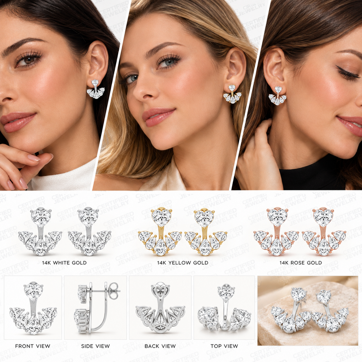 4CT Lab Grown Heart Pear Diamond Ear Jackets 14K Gold Green Glam