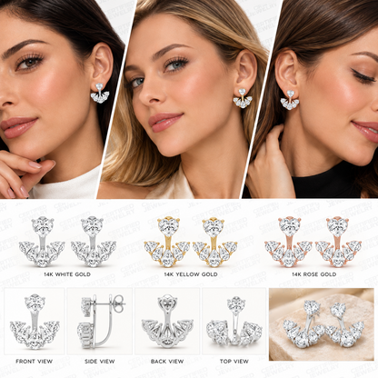 4CT Lab Grown Heart Pear Diamond Ear Jackets 14K Gold Green Glam