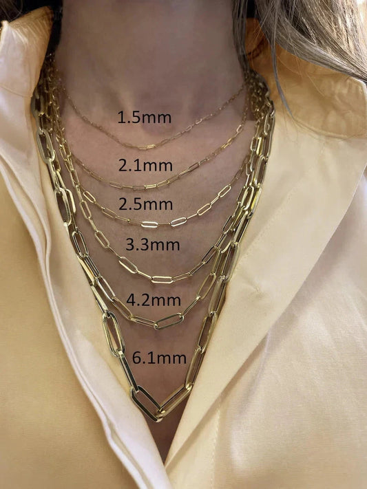 14K Solid Yellow Gold Paperclip Link Chain Necklace Layering Chain Necklace