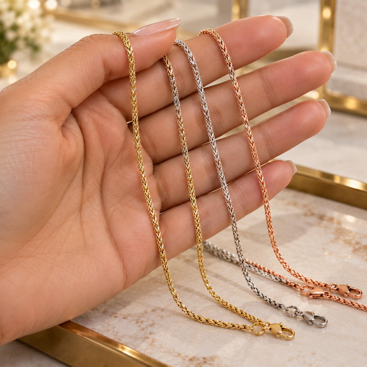 10K Diamond Cut Wheat Chain Necklace Yellow White Rose Gold 0.8MM 1.0MM
