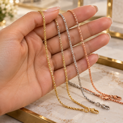 10K Diamond Cut Wheat Chain Necklace Yellow White Rose Gold 0.8MM 1.0MM