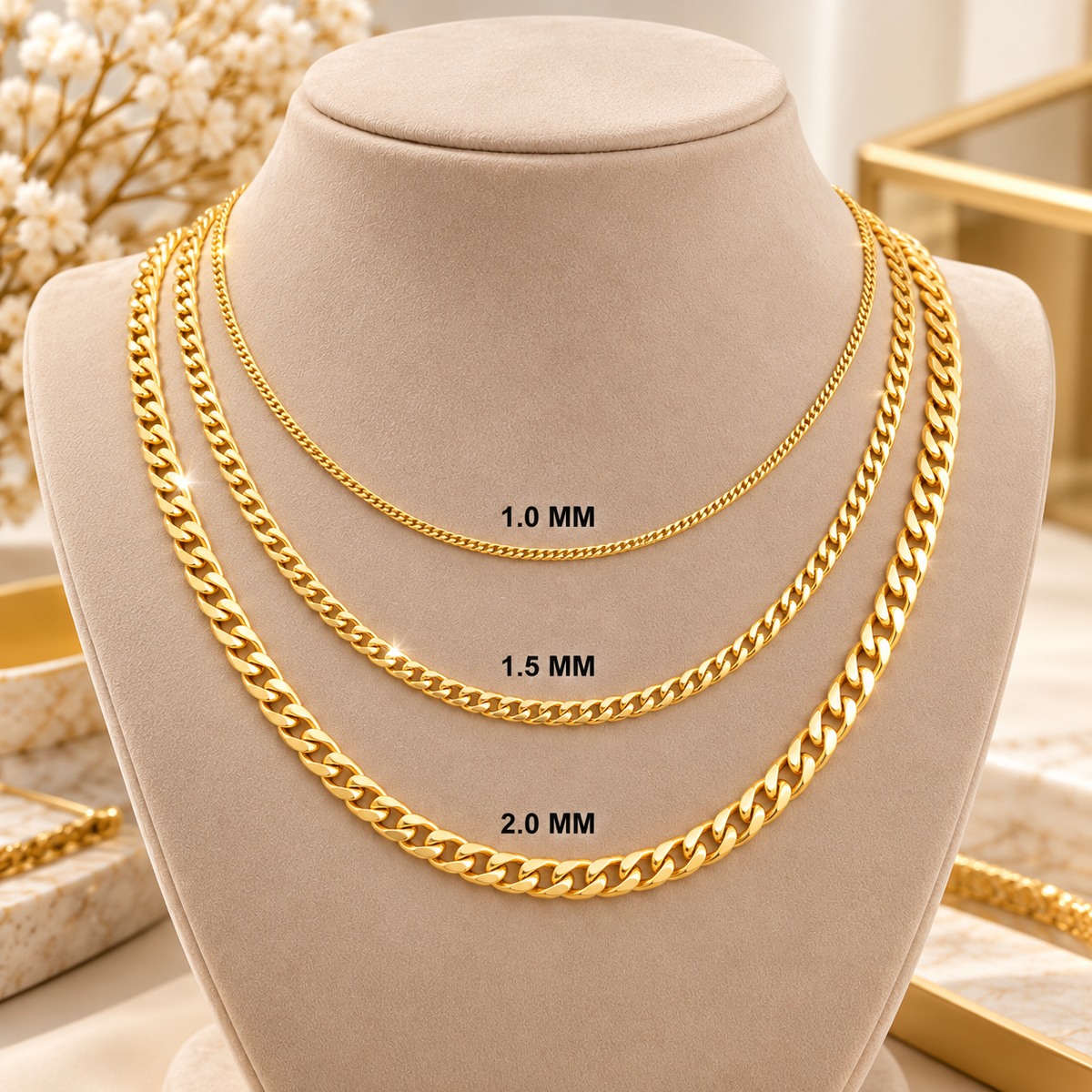 10K Solid Yellow Gold Gourmette Chain Necklace 1MM 1.5MM 2MM Cuban Link