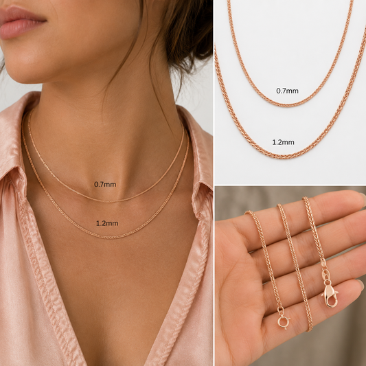 Solid 14K Rose Gold Wheat Chain Necklace 0.7mm 1.2mm Lobster Spring Clasp
