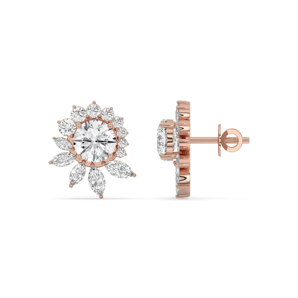 5CT Lab Grown Diamond Floral Cluster Stud Earrings 14K Gold Green Glam