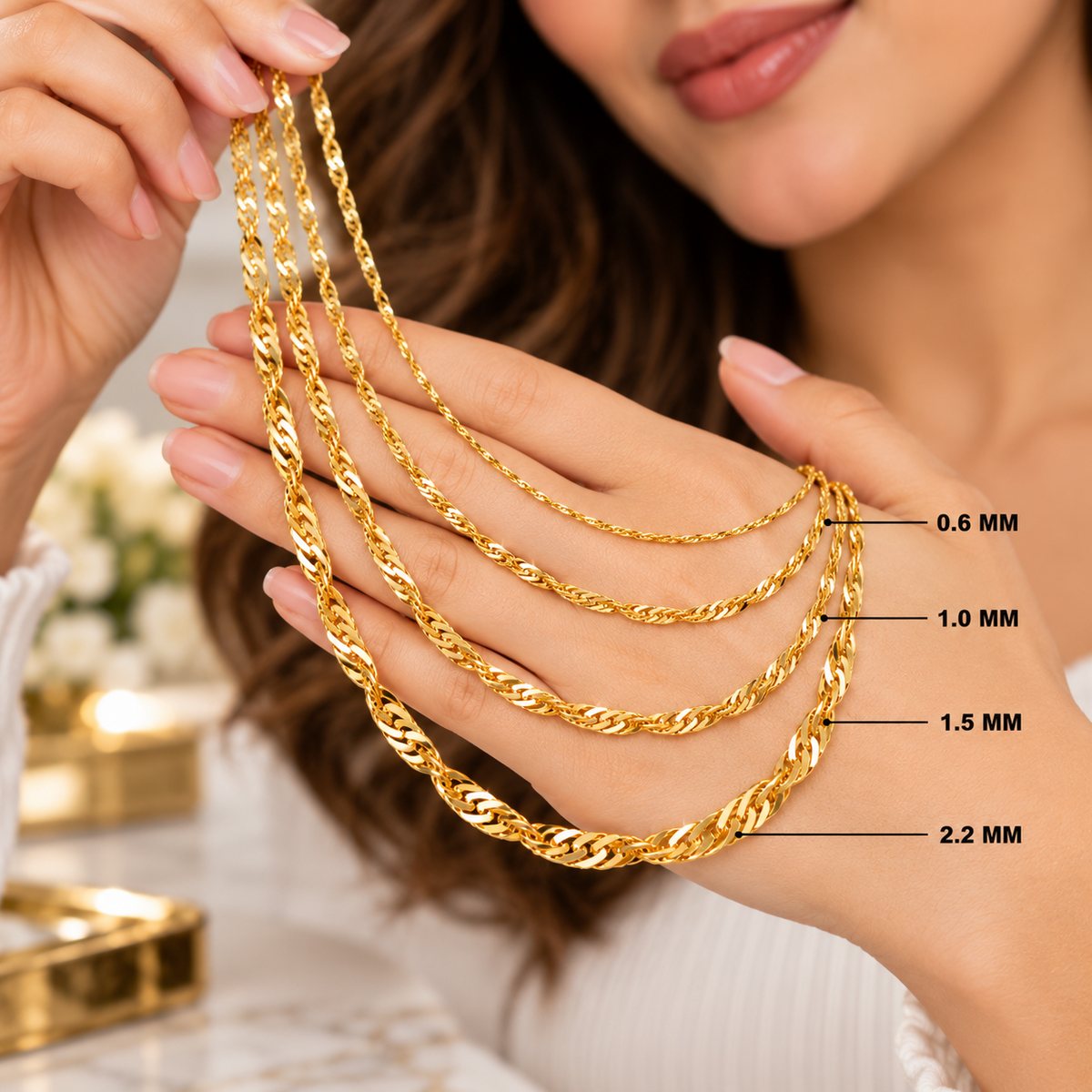 10K Solid Yellow Gold Singapore Chain Necklace 0.8MM 2.2MM Pendant Chain