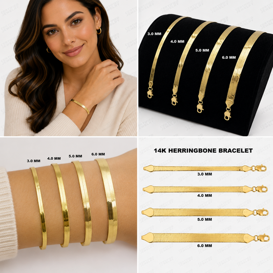 14K Solid Yellow Gold Herringbone Bracelet Real Gold Flat Chain Women Men