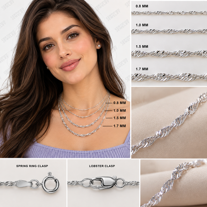 10K Solid White Gold Singapore Chain Necklace 0.8MM 1.7MM Pendant Chain