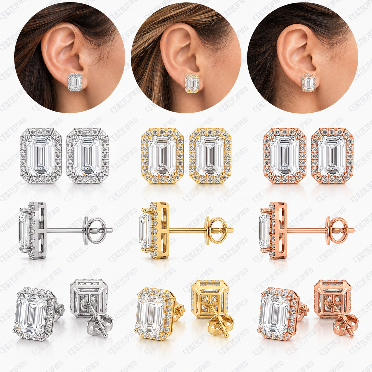 4CT Emerald Lab Grown Diamond Solitaire Stud Earrings 14K Gold Certified