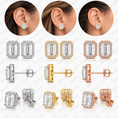 4CT Emerald Lab Grown Diamond Solitaire Stud Earrings 14K Gold Certified