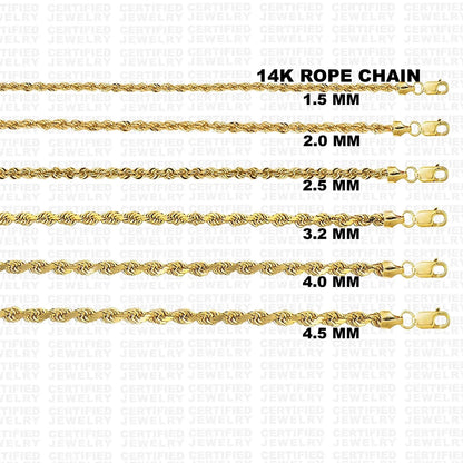 14K Solid Yellow Gold Rope Chain Necklace 1.5mm 5mm Lobster Clasp