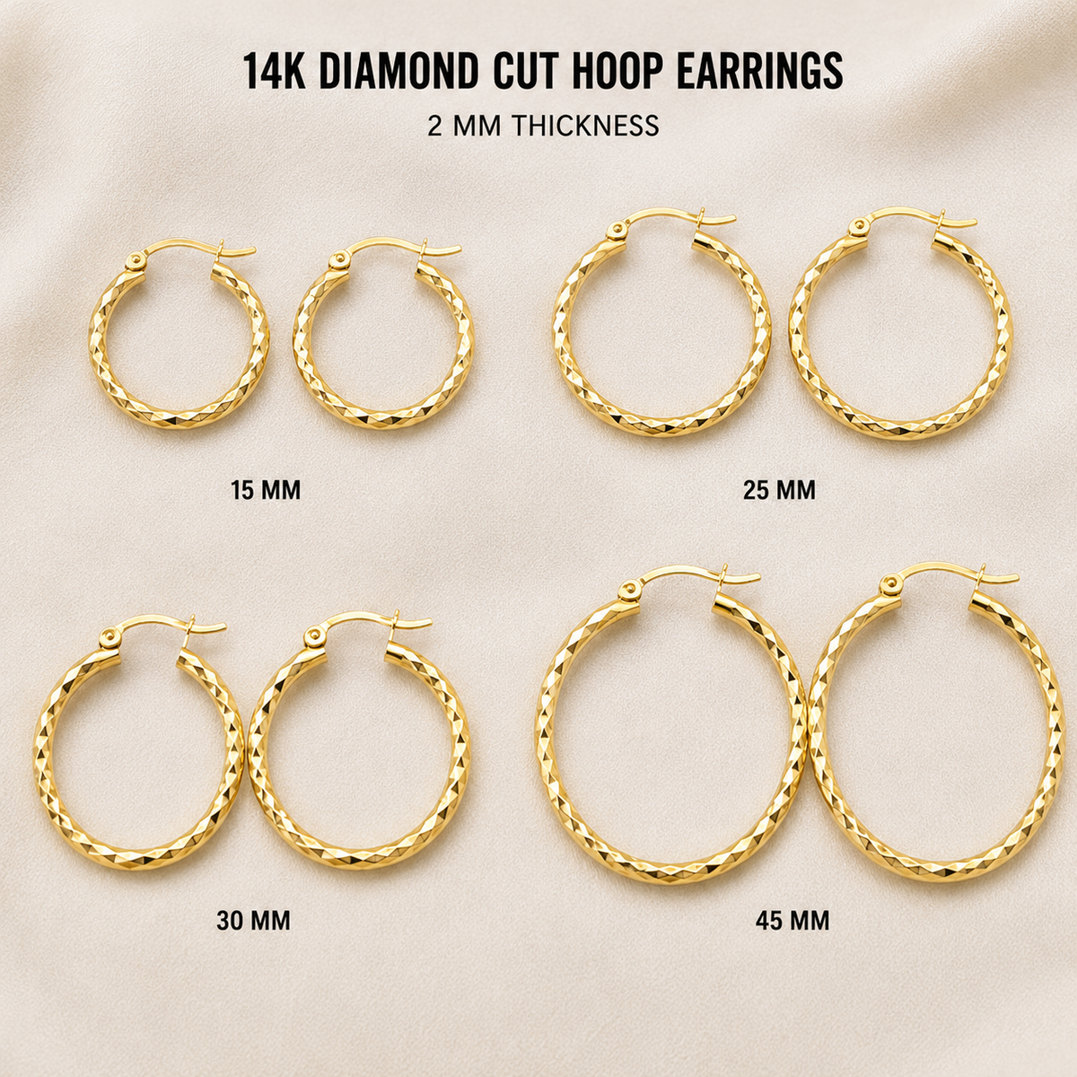 14K Solid Gold Diamond Cut Hoop Earrings Real Gold Textured Hoops Women