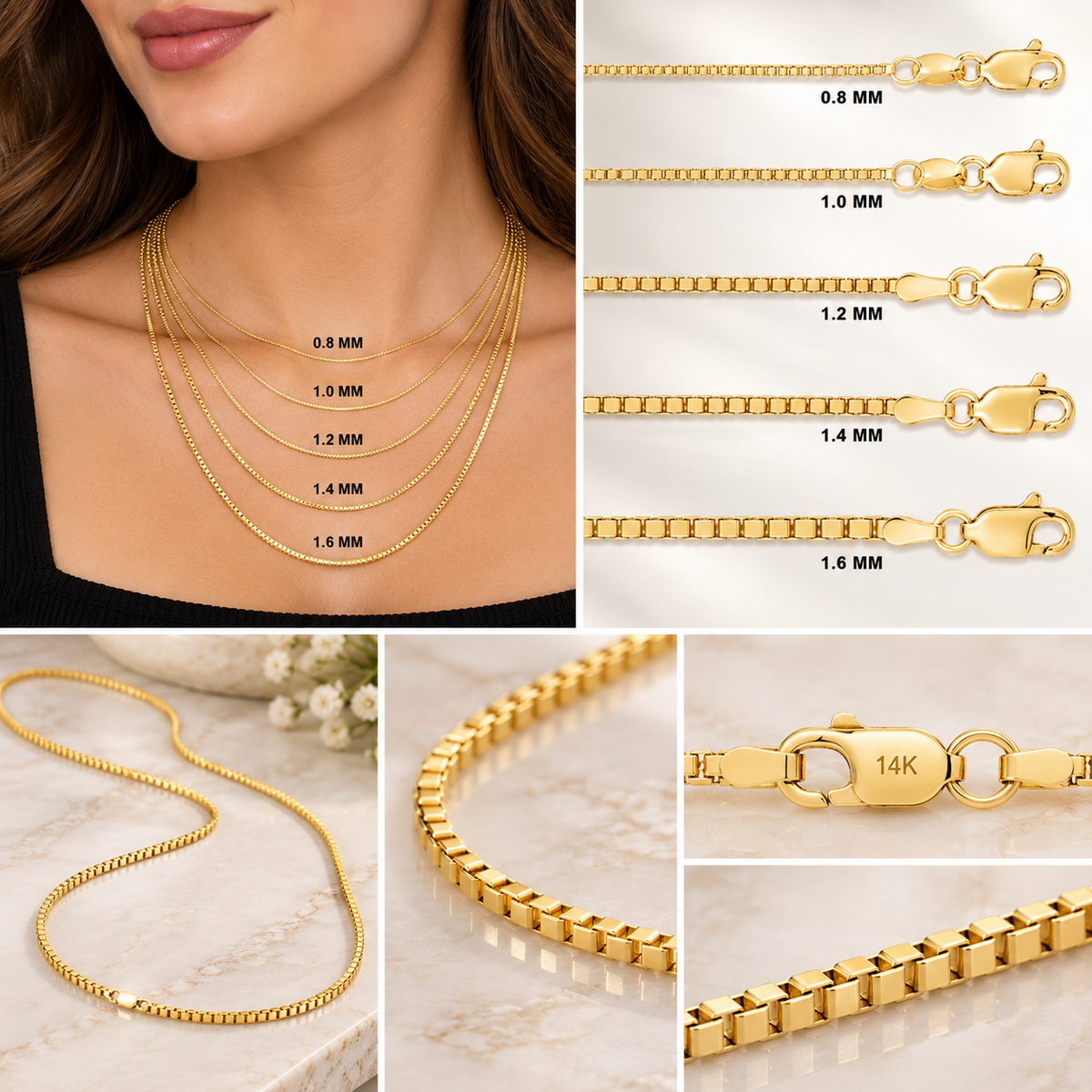 14K Solid Yellow Gold Box Chain Necklace 0.8MM 1.6MM Lobster Clasp