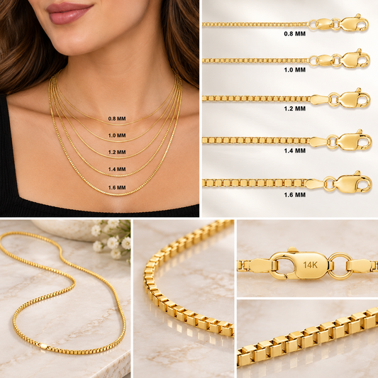 14K Solid Yellow Gold Box Chain Necklace 0.8MM 1.6MM Lobster Clasp