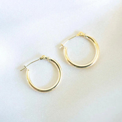 14K Solid Gold Classic Hoop Earrings 20MM 2MM Clip On Hypoallergenic