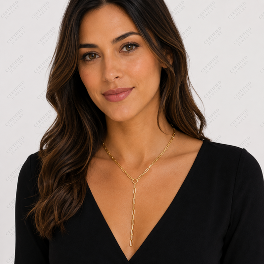 14K Solid Yellow Gold Paperclip Lariat Y Necklace Pear Shape Lobster Clasp