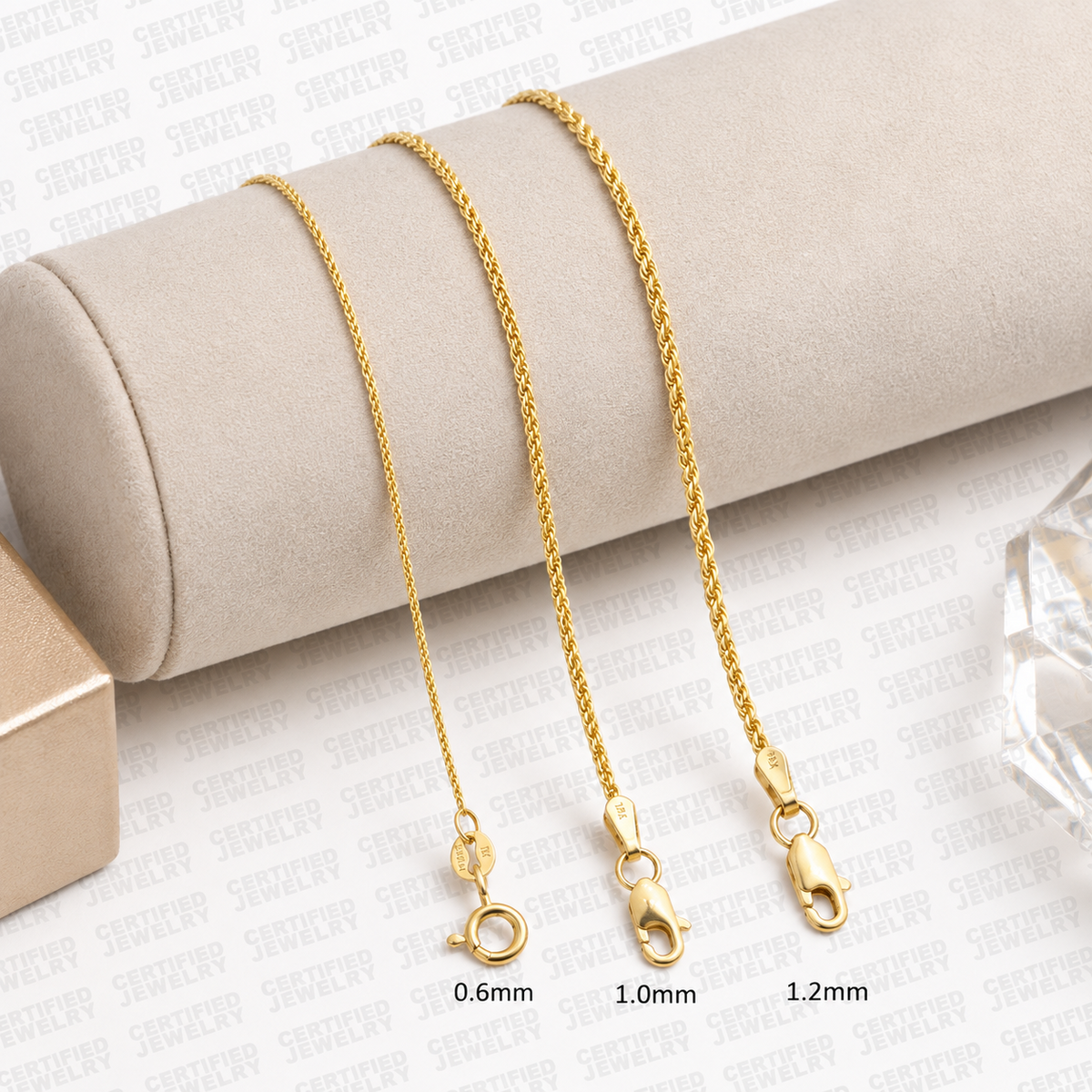 14K Solid Yellow Gold Diamond Cut Round Wheat Chain Necklace 0.6MM 1.2MM