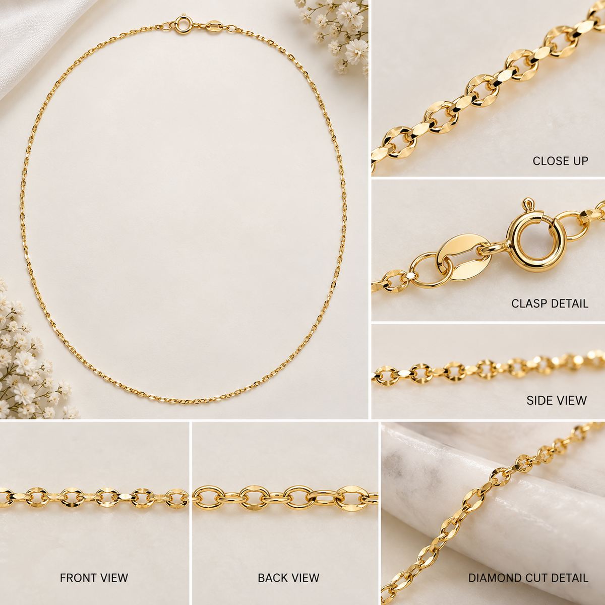 14K Solid Yellow Gold Diamond Cut Cable Link Chain Necklace 0.6MM 1.1MM