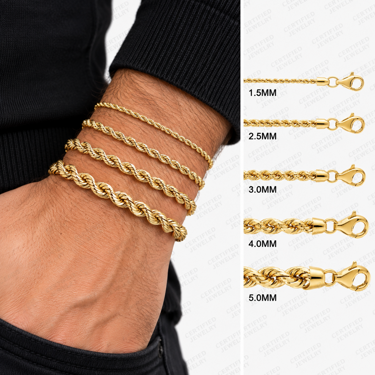14K Solid Yellow Gold Diamond Cut Rope Bracelet 1.5mm 5mm Lobster Clasp