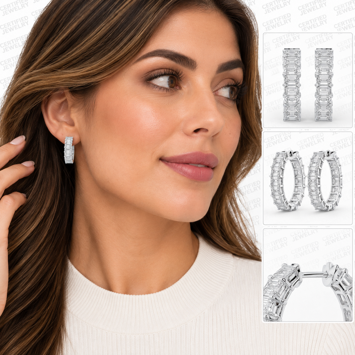 4.5CT Emerald Cut Diamond Inside Out Hoop Earrings 14K White Gold Prong Set