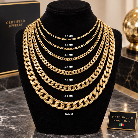 14K Solid Yellow Gold Curb Cuban Link Chain Necklace 2.6MM 10MM Italy