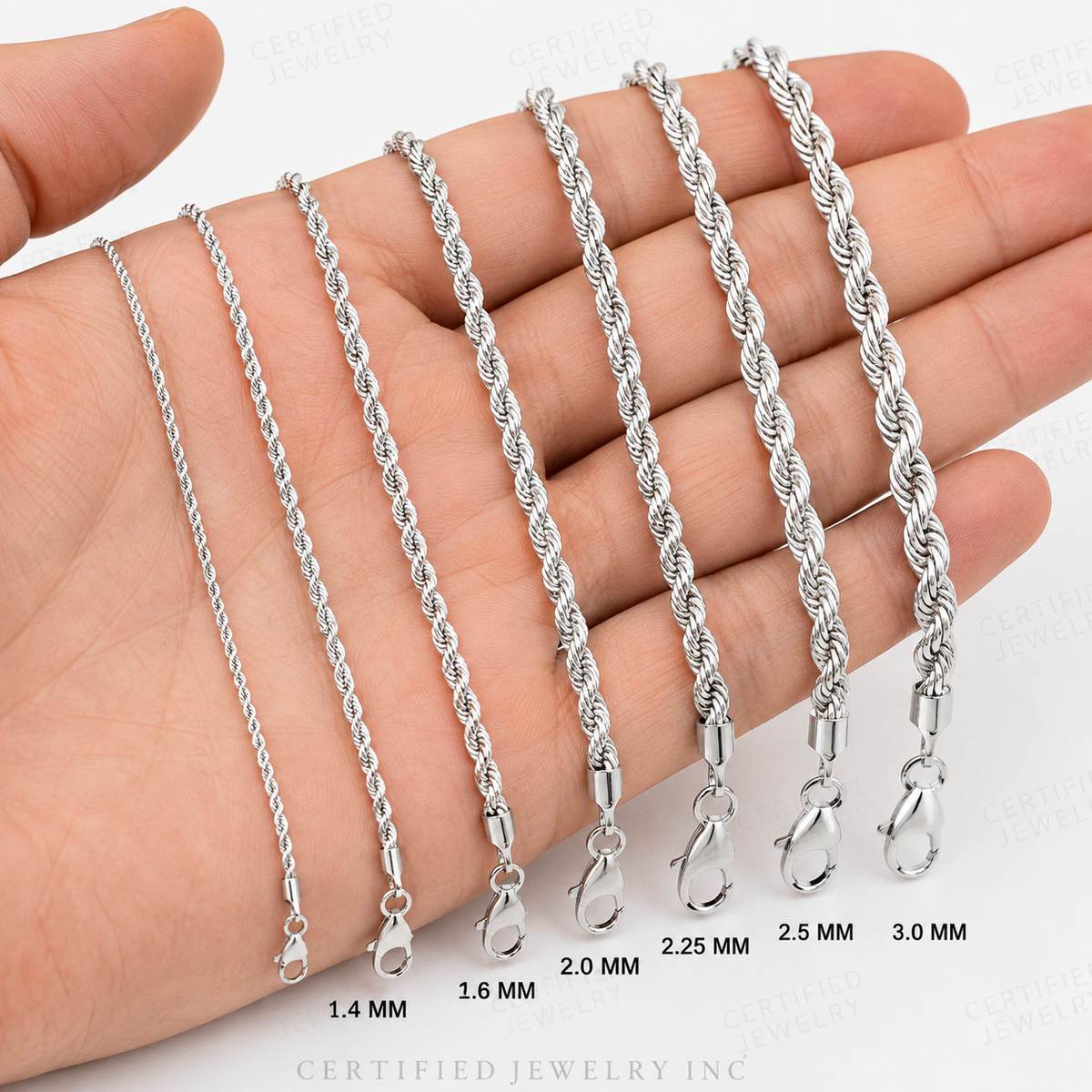 14K Solid White Gold Diamond Cut Royal Rope Chain Necklace 1.4mm 3.0mm