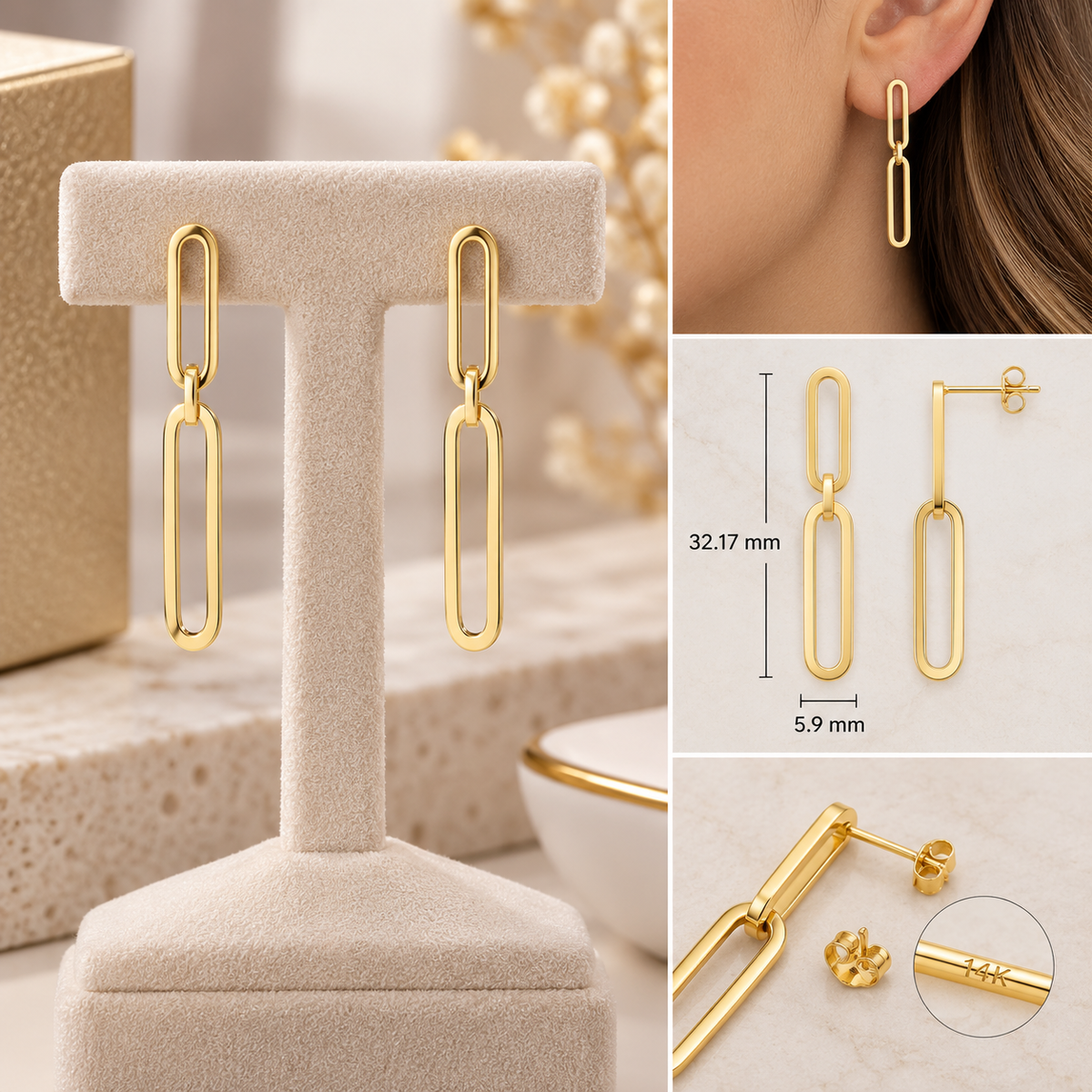 14K Solid Yellow Gold Paper Clip Drop Dangle Earrings Polished Push Back