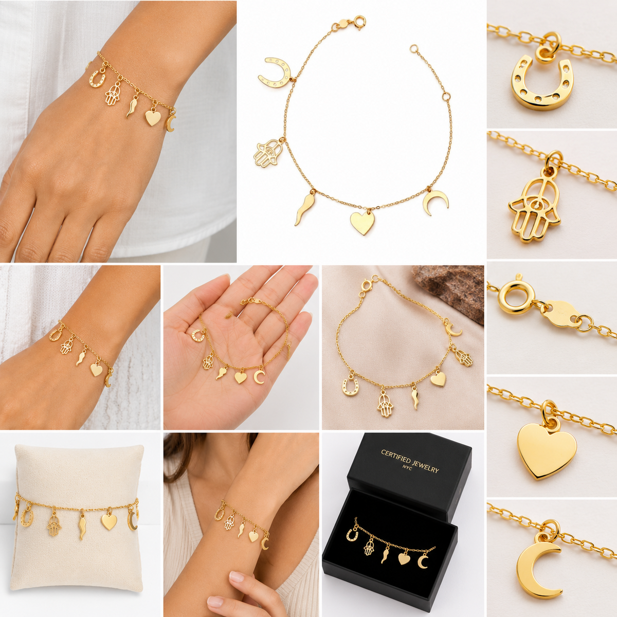 14K Solid Yellow Gold Charm Bracelet Real Italian Gold Dangle Charm Bracelet
