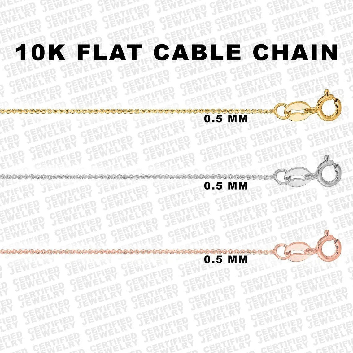 10K Solid Gold Diamond Cut Flat Cable Chain Necklace 0.5mm Yellow White Rose