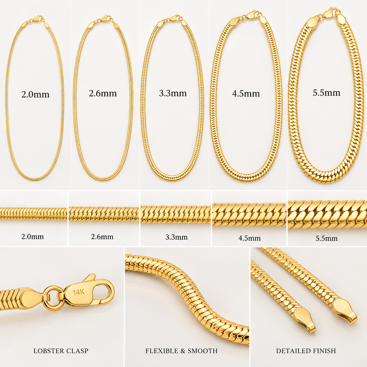 Solid 14K Gold Oval Snake Chain Necklace Diamond Cut Lobster Clasp 16 20"