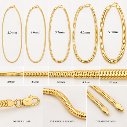 Solid 14K Gold Oval Snake Chain Necklace Diamond Cut Lobster Clasp 16 20"