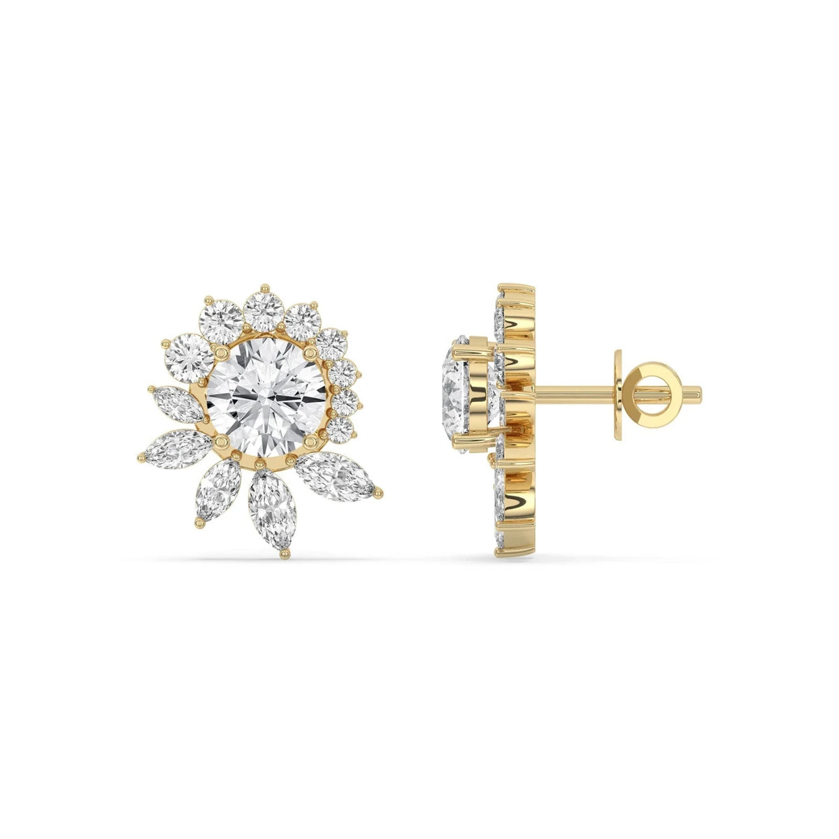 5CT Lab Grown Diamond Floral Cluster Stud Earrings 14K Gold Green Glam