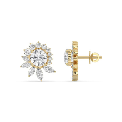 5CT Lab Grown Diamond Floral Cluster Stud Earrings 14K Gold Green Glam