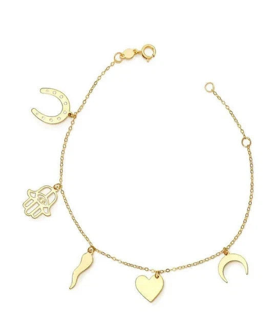 14K Solid Yellow Gold Charm Bracelet Real Italian Gold Dangle Charm Bracelet