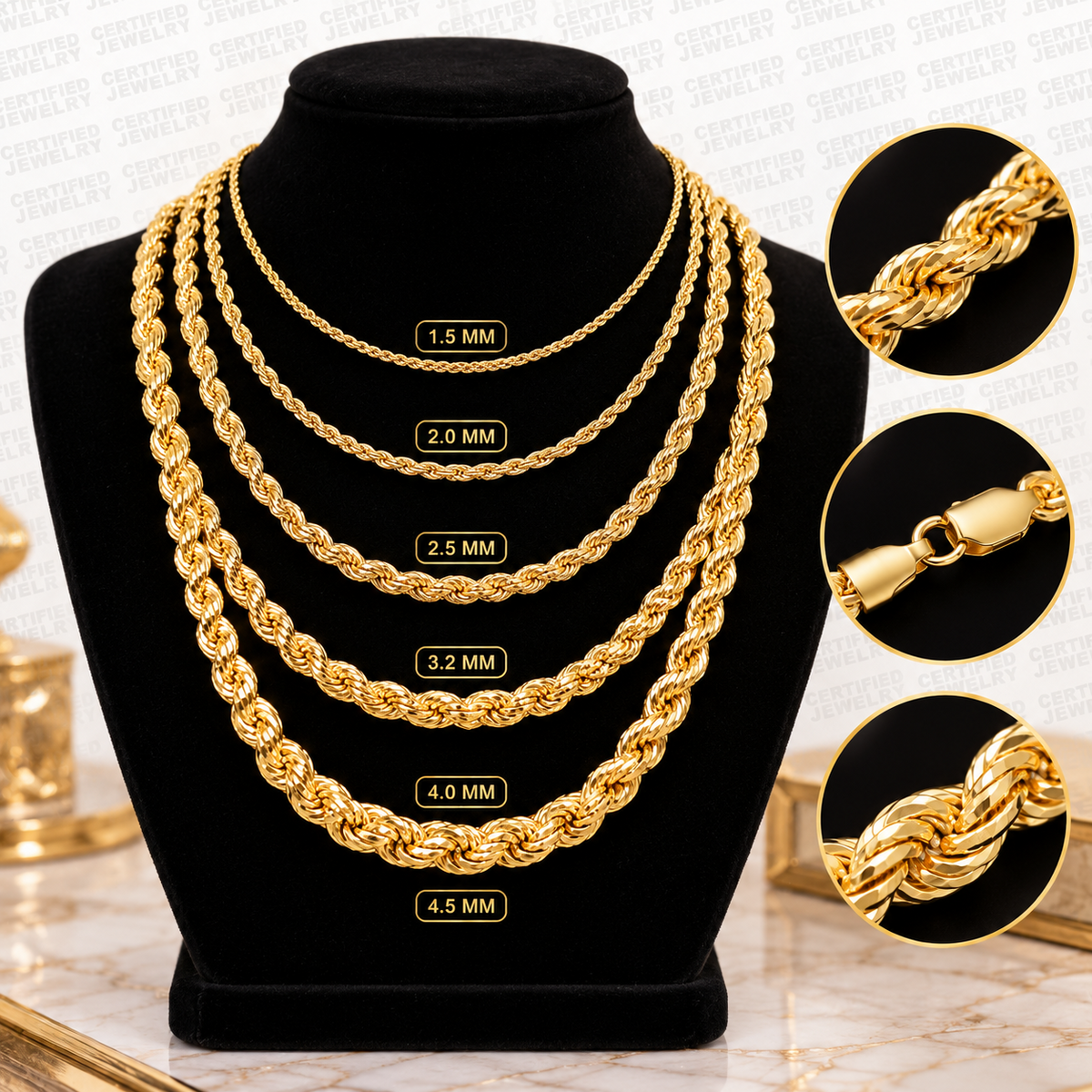 10K Solid Yellow Gold Diamond Cut Rope Chain Necklace 1.5MM 4MM Lobster Clasp
