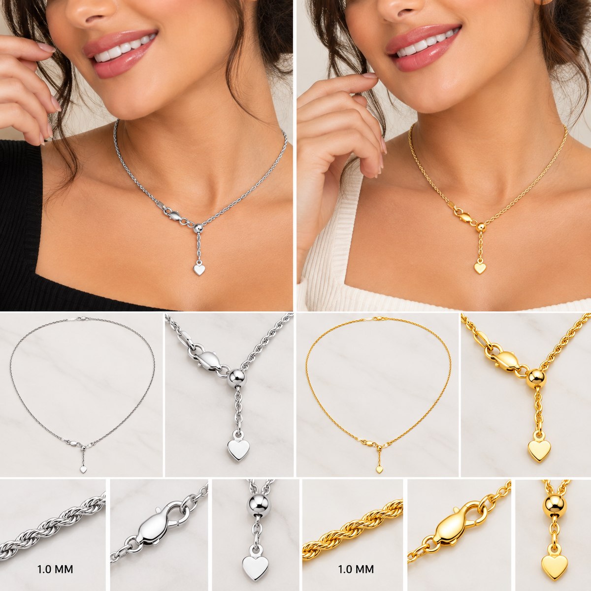 10K Solid Yellow or White Gold Adjustable Rope Chain Necklace 1.0MM 22"