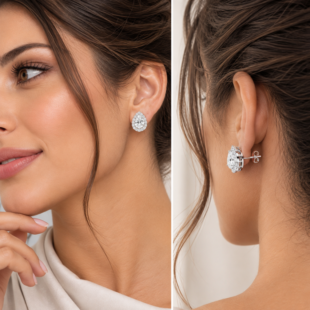 4CT Pear Lab Grown Diamond Halo Stud Earrings 14K Gold Certified