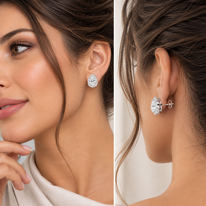 4CT Pear Lab Grown Diamond Halo Stud Earrings 14K Gold Certified