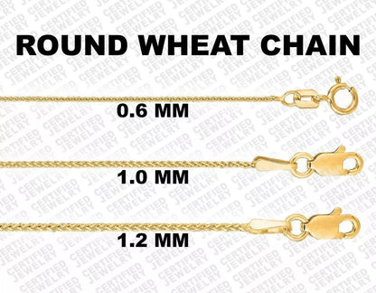 14K Solid Yellow Gold Diamond Cut Round Wheat Chain Necklace 0.6MM 1.2MM