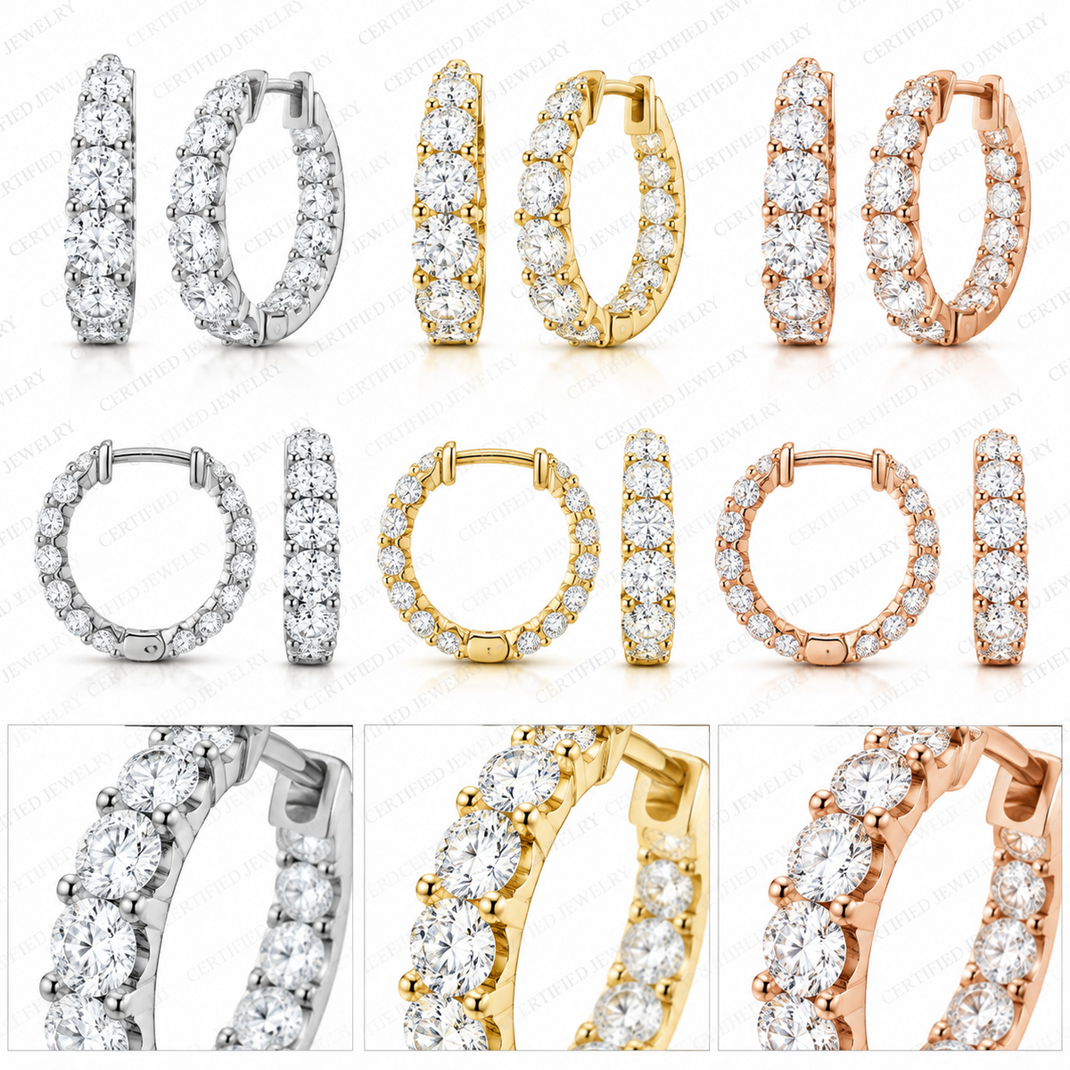 4CT Round Lab Grown Diamond Inside Out Huggie Hoop Earrings 14K Gold