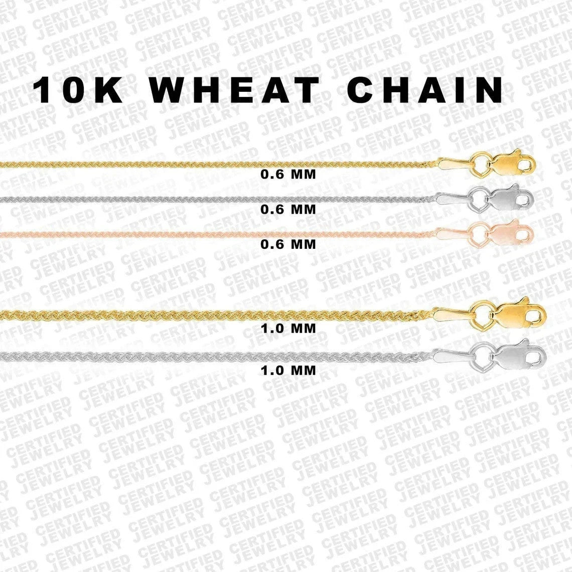 10K Diamond Cut Wheat Chain Necklace Yellow White Rose Gold 0.8MM 1.0MM