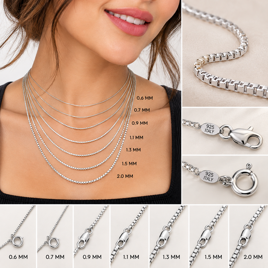 925 Sterling Silver Italian Box Chain Necklace 0.6MM 2MM 16 30" Rhodium
