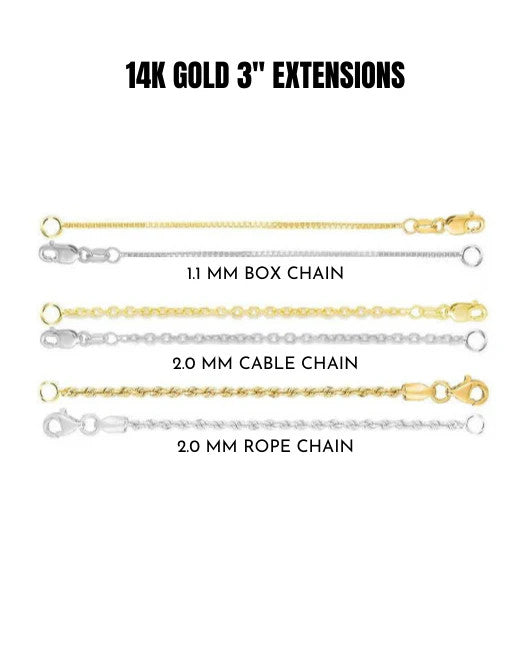 14K Solid Gold 3" Necklace Extender Chain Box Cable Rope Yellow White Gold
