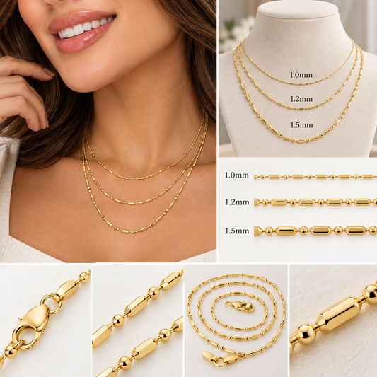 14K Solid Yellow Gold Ball & Bar Chain Necklace 1MM 1.2MM 1.5MM 16 20"