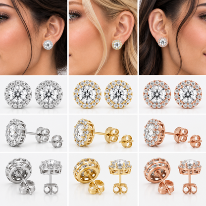 4CT Round Lab Grown Diamond Halo Stud Earrings 14K Gold Certified