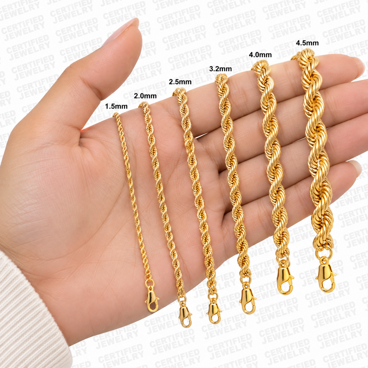 14K Solid Yellow Gold Rope Chain Necklace 1.5mm 5mm Lobster Clasp