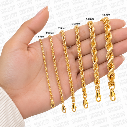 14K Solid Yellow Gold Rope Chain Necklace 1.5mm 5mm Lobster Clasp